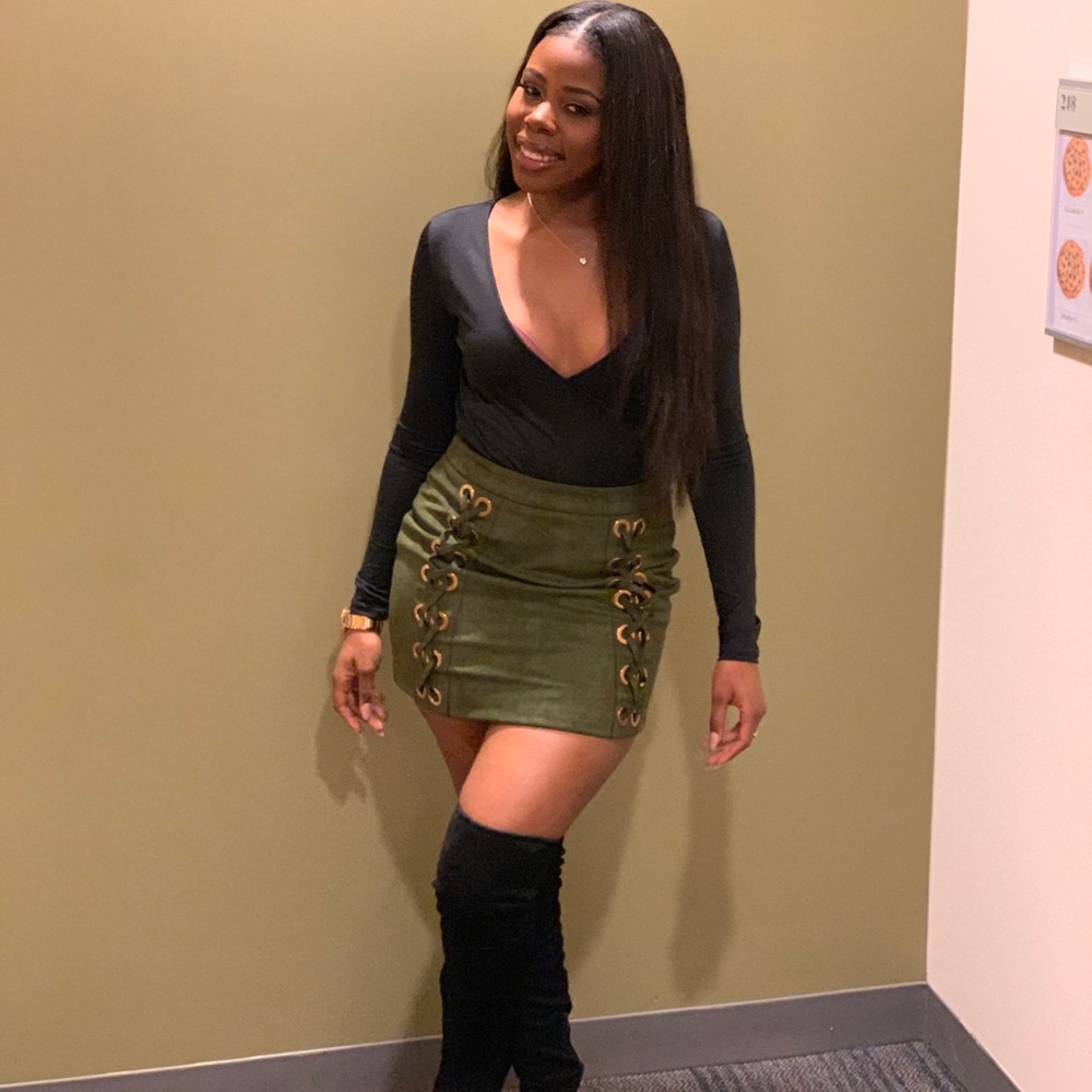 Army green suede skirt with gold detail